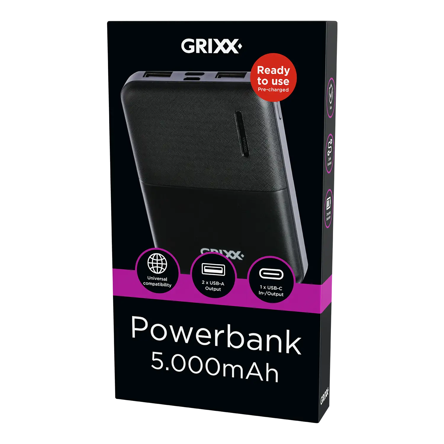 Grixx Powerbank 5000 mAh: jouw compacte krachtpatser