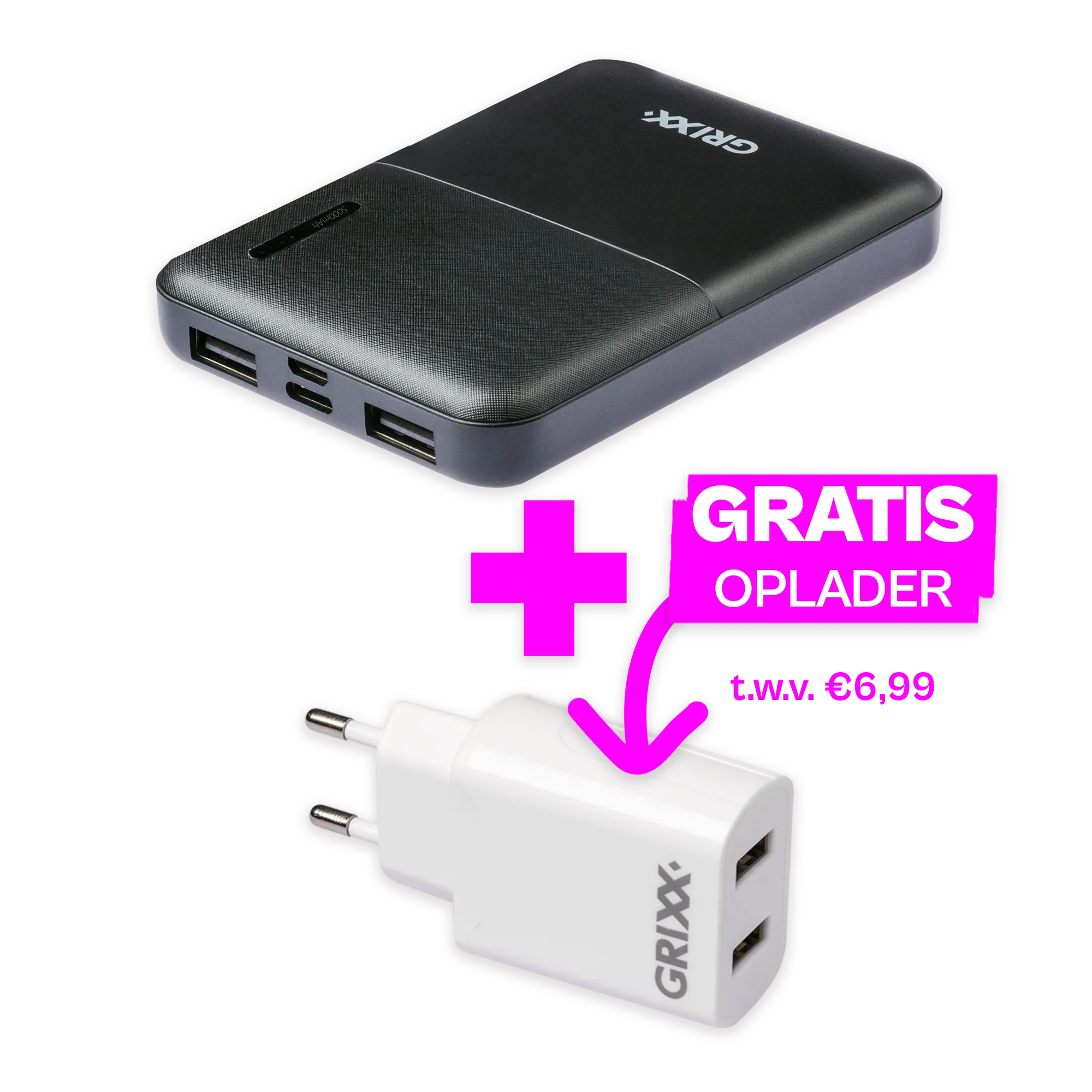 Grixx Powerbank 5000 mAh: jouw compacte krachtpatser
