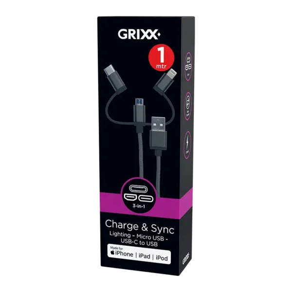 Grixx 3-in-1 Kabel MFI, Micro USB, Lightning 8pin, USB-C