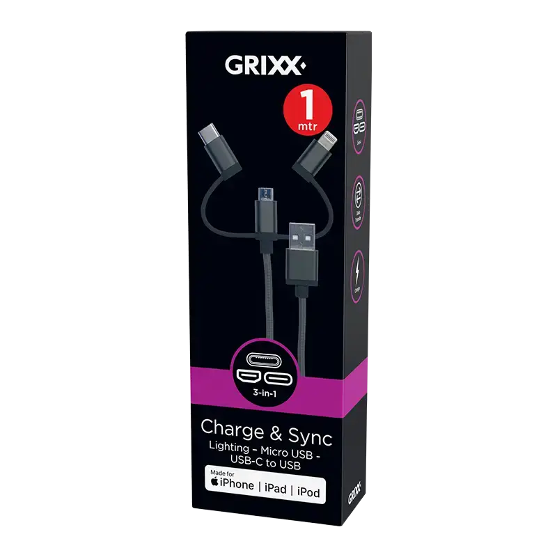 Grixx 3-in-1 Kabel MFI, Micro USB, Lightning 8pin, USB-C