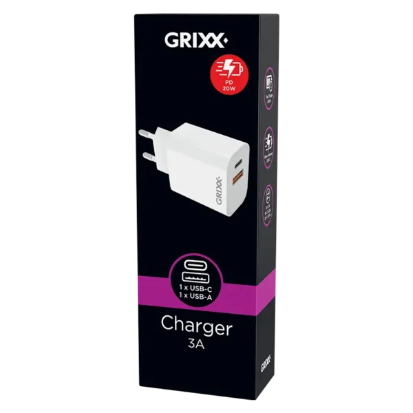 Grixx PD Oplader, USB-A, USB-C, Fast Charging, Power Delivery