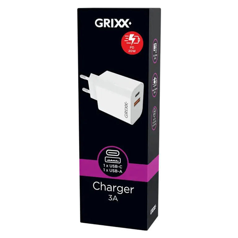 Grixx PD Oplader, USB-A, USB-C, Fast Charging, Power Delivery
