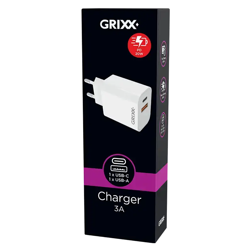 Grixx PD Oplader, USB-A, USB-C, Fast Charging, Power Delivery