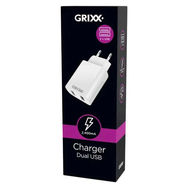 Grixx Oplader, 2x USB-A, Muurlader, Wallcharger