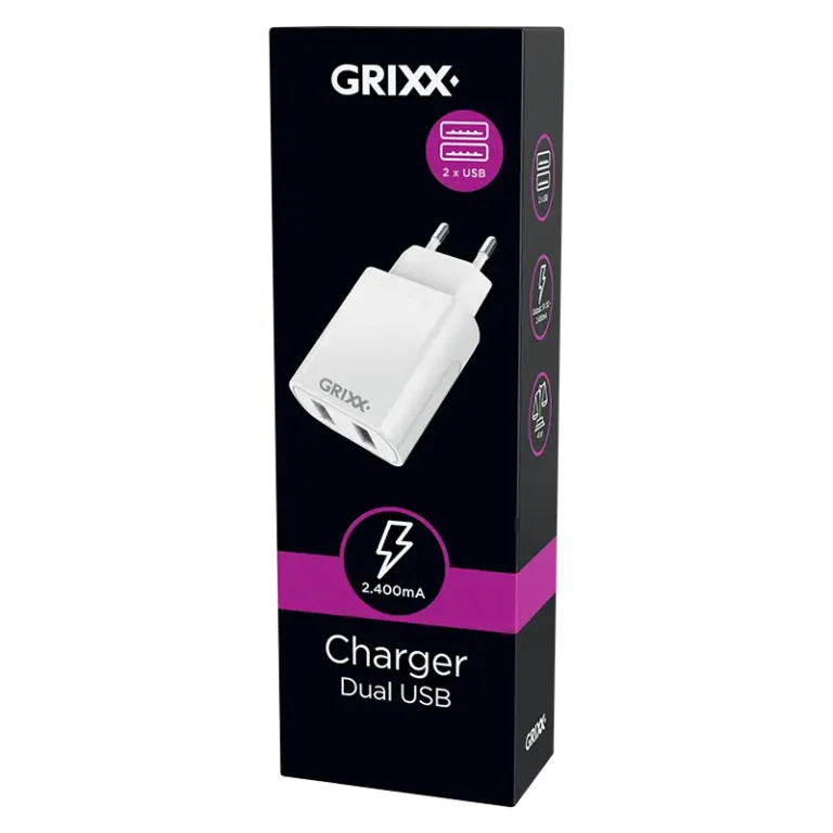 Grixx Oplader, 2x USB-A, Muurlader, Wallcharger