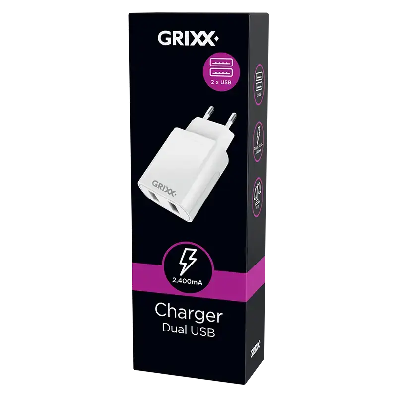 Grixx Oplader, 2x USB-A, Muurlader, Wallcharger